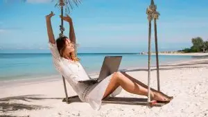 Small business owner masters social selling copywriting while traveling