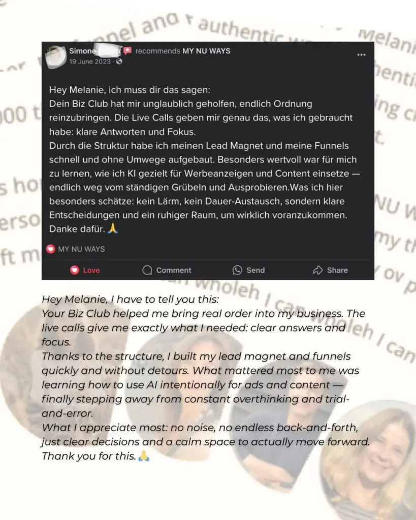 Written client testimonial highlighting clear answers, structured support, and a calm, noise-free business environment. business community