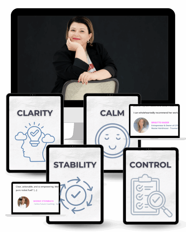 Business consultant reviewing four system cards representing clarity, calm, stability, and control in a structured business model. What you Get Business Community Benefits
